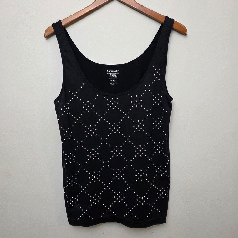 Soho Lady Tank Top Womens 2X/3X Black Glam Rhinestone Diamond Stretch Glam‎